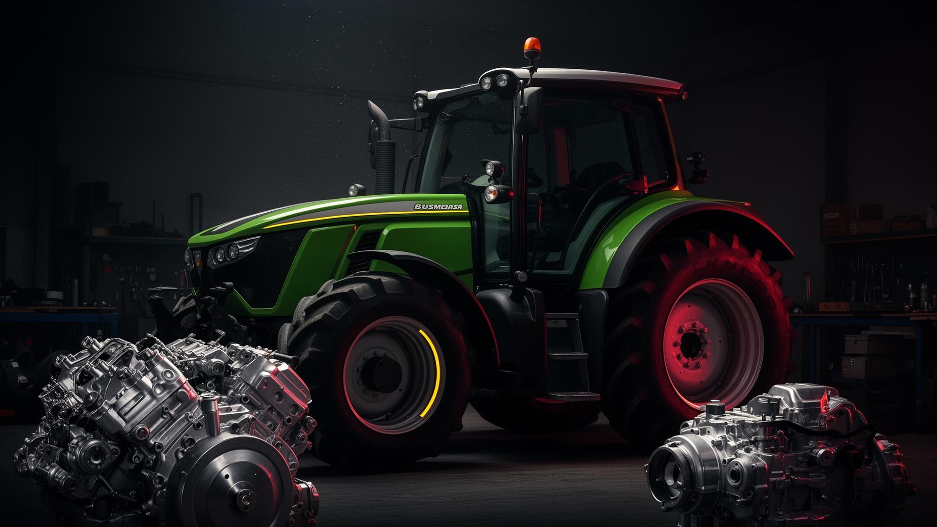 Trator agrícola e peças de reposição em oficina especializada